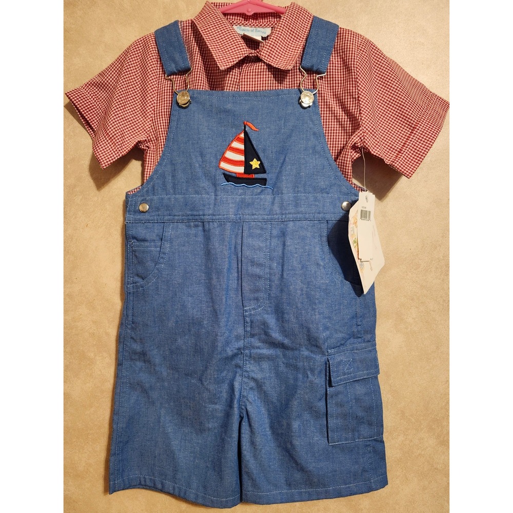 House of Hatten Boys 4T Sailboat Gingham Shirt and Blue Overalls Set NWT